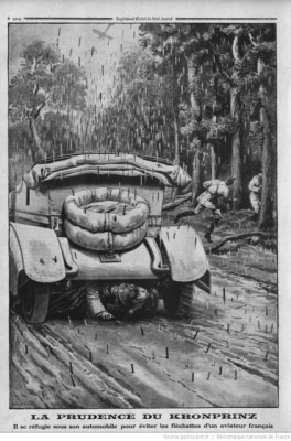 German Crown Prince takes cover under his car from darts dropped by a French plane. Illustration from the Petit Journal, August 1915.jpg (72.56 KiB) Zobrazeno 2412 x German Crown Prince takes cover under his car from darts dropped by a French plane. Illustration from the Petit Journal, August 1915.jpg