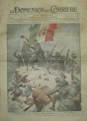 Umělecké znázornění dobytí hory Col di Lano - Peppino Garibaldi s vlajkou v čele útočících vojáků.